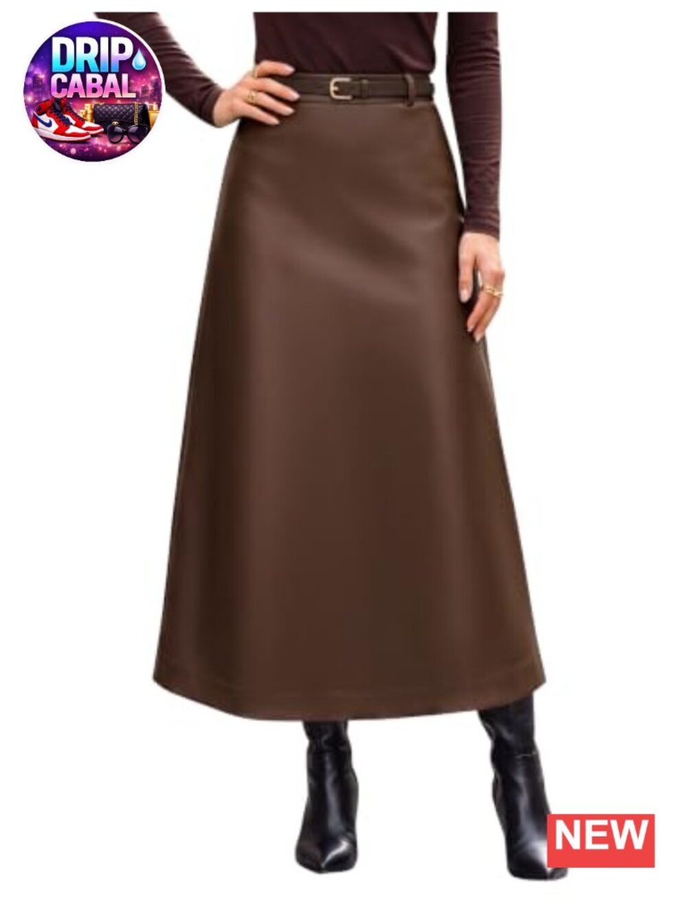 Faux Leather High Waisted A-Line Midi Skirt with Back Slit
